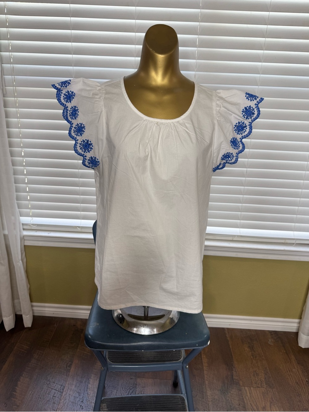 J. Crew White Top with Blue Embroidered Flutter Sleeves